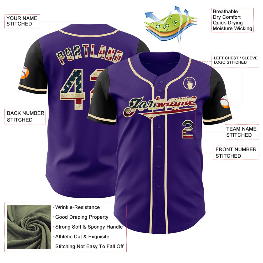 Custom Purple Vintage USA Flag Black-Cream Authentic Two Tone Baseball Jersey - Image 3