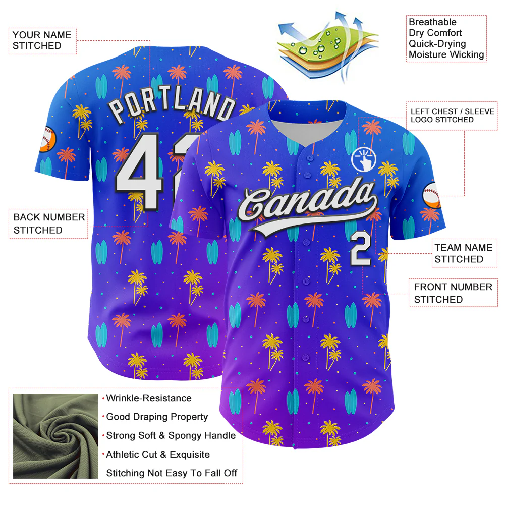 Custom Purple White-Black 3D Hawaii Tropical Palm Tree Authentic Baseball Jersey - Image 3