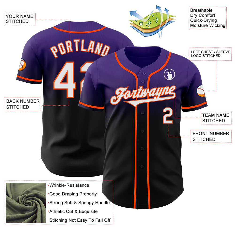 Custom Purple Black-Orange Authentic Fade Fashion Baseball Jersey - Image 3
