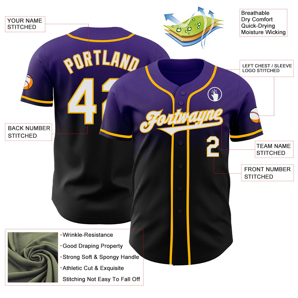 Custom Purple Black-Gold Authentic Fade Fashion Baseball Jersey - Image 3