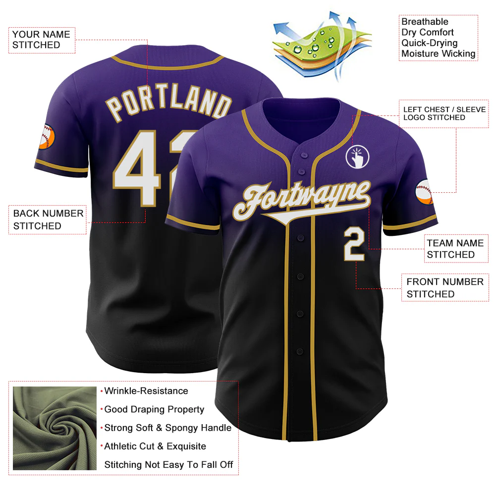 Custom Purple Black-Old Gold Authentic Fade Fashion Baseball Jersey - Image 3
