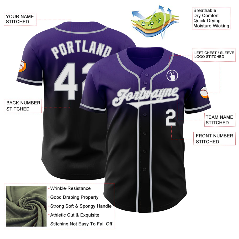 Custom Purple Black-Gray Authentic Fade Fashion Baseball Jersey - Image 3