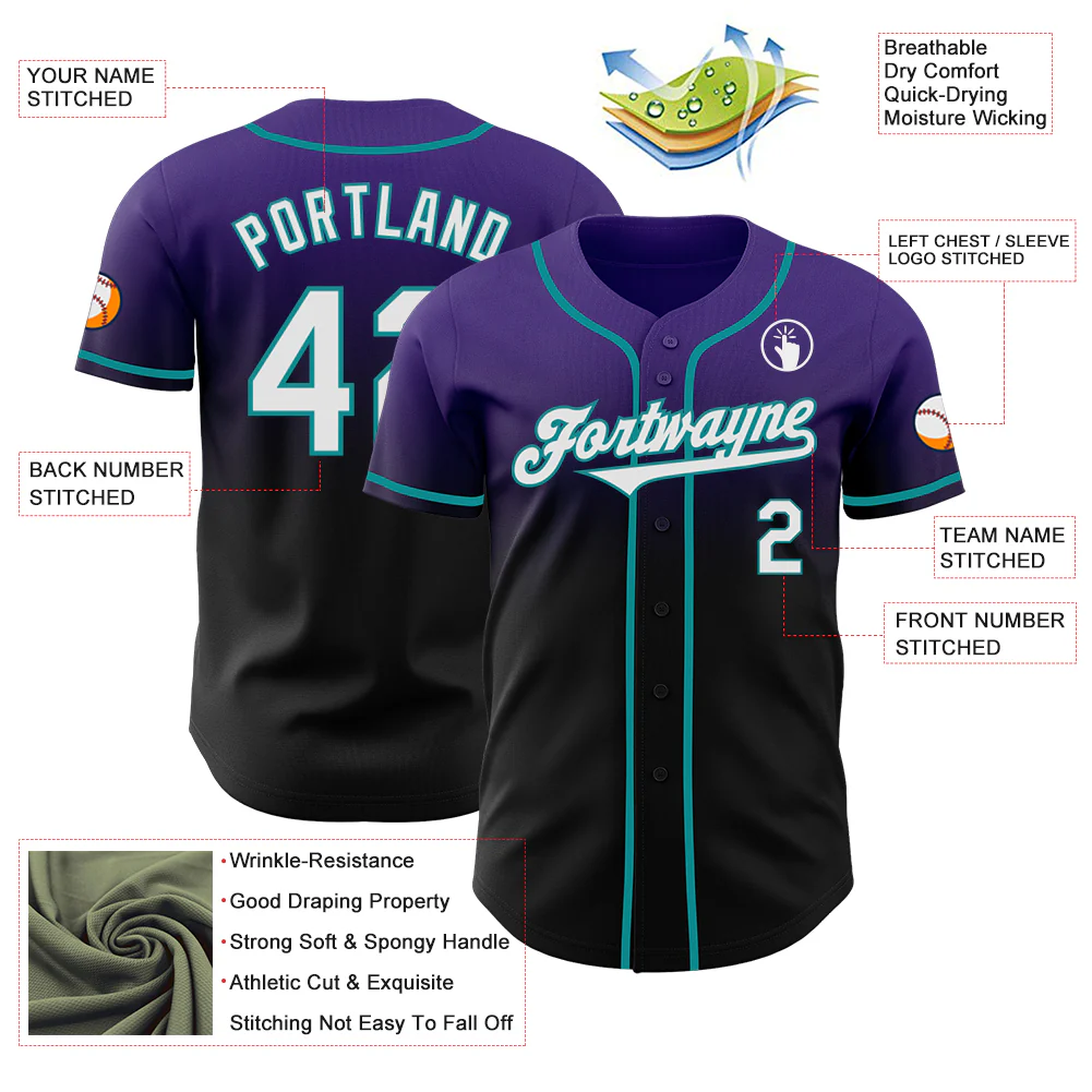 Custom Purple Black-Teal Authentic Fade Fashion Baseball Jersey - Image 3
