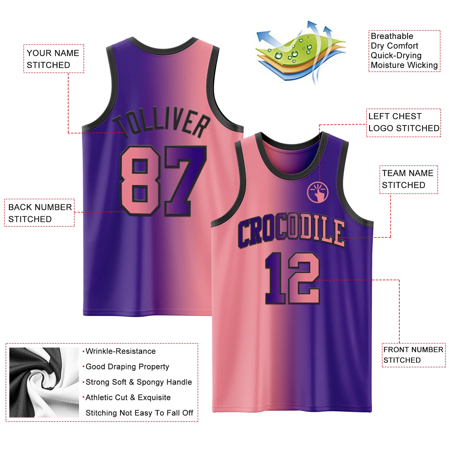 Custom Purple Medium Pink-Black Authentic Gradient Fashion Basketball Jersey - Image 3