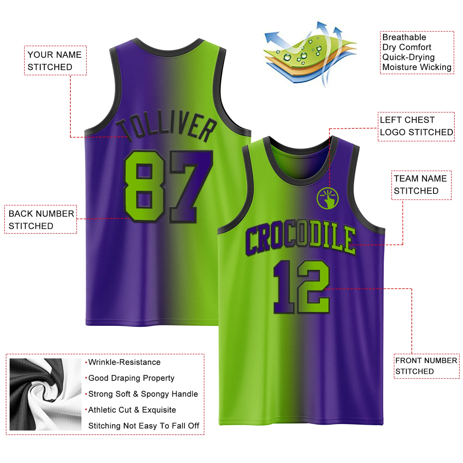 Custom Purple Neon Green-Black Authentic Gradient Fashion Basketball Jersey - Image 3