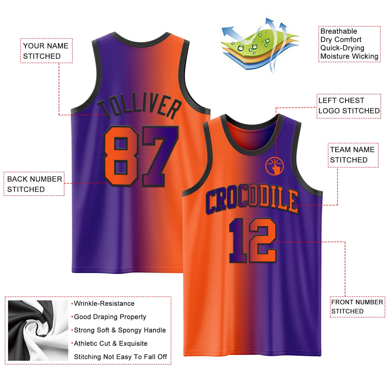Custom Purple Orange-Black Authentic Gradient Fashion Basketball Jersey - Image 3