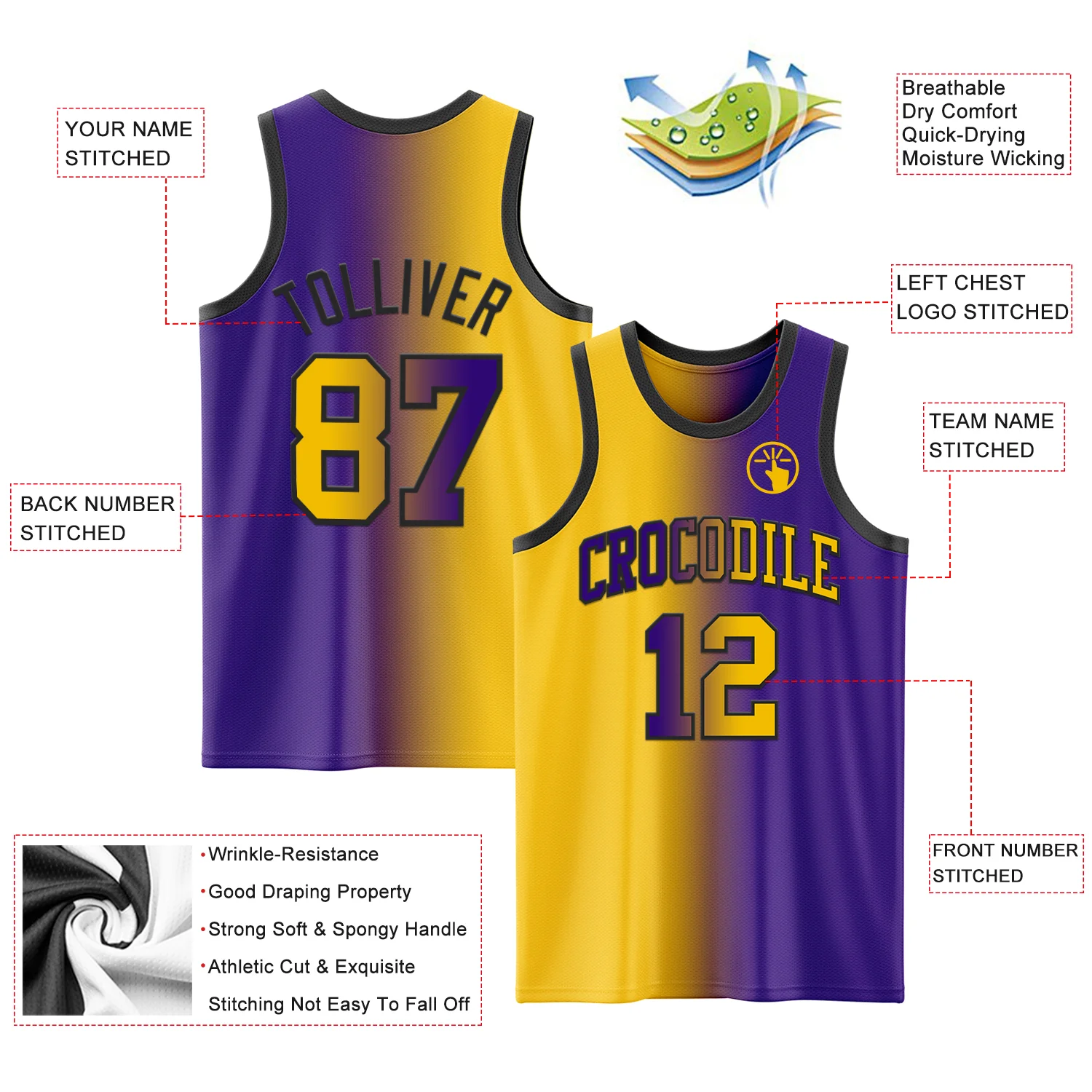 Custom Purple Yellow-Black Authentic Gradient Fashion Basketball Jersey - Image 3