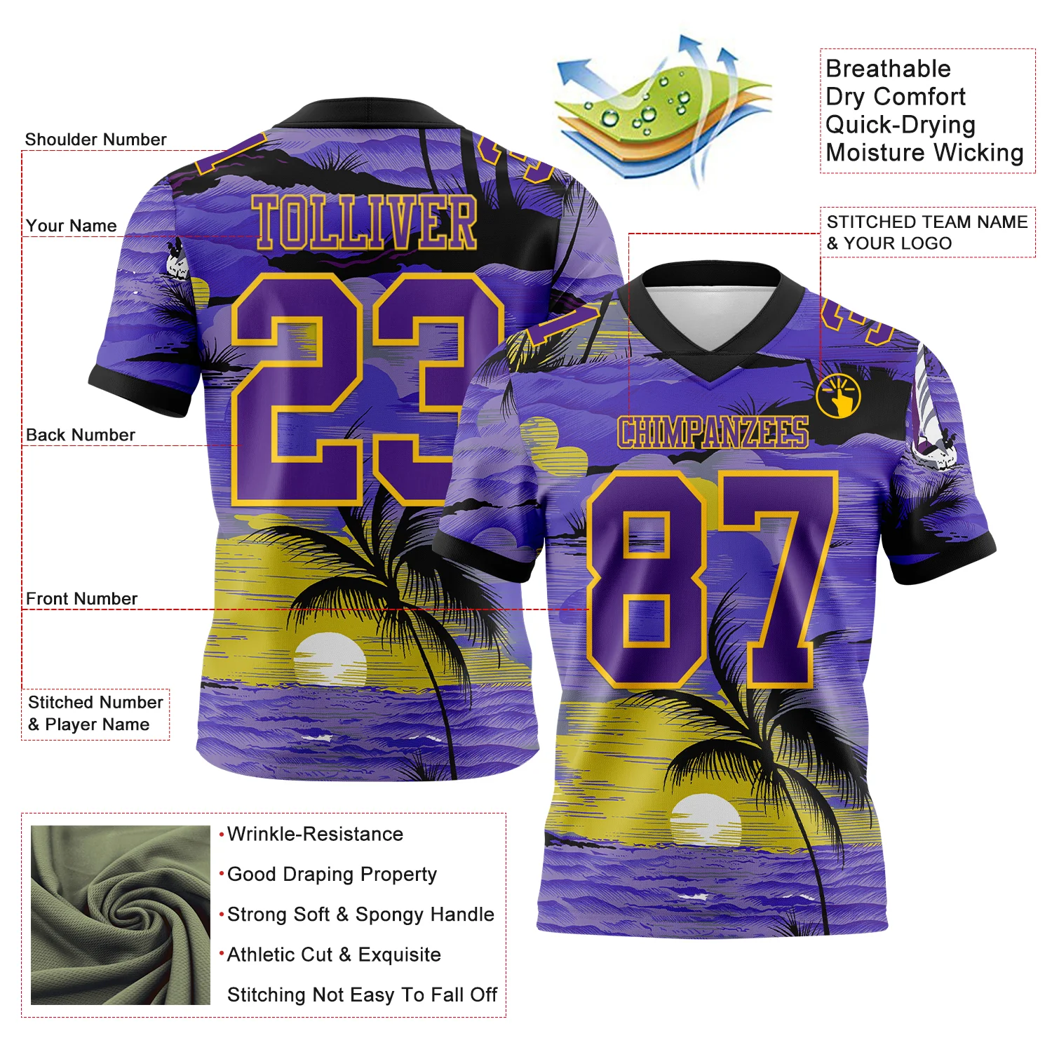 Custom Purple Black-Yellow 3D Pattern Sun Beach Hawaii Palm Trees Authentic Football Jersey - Image 3
