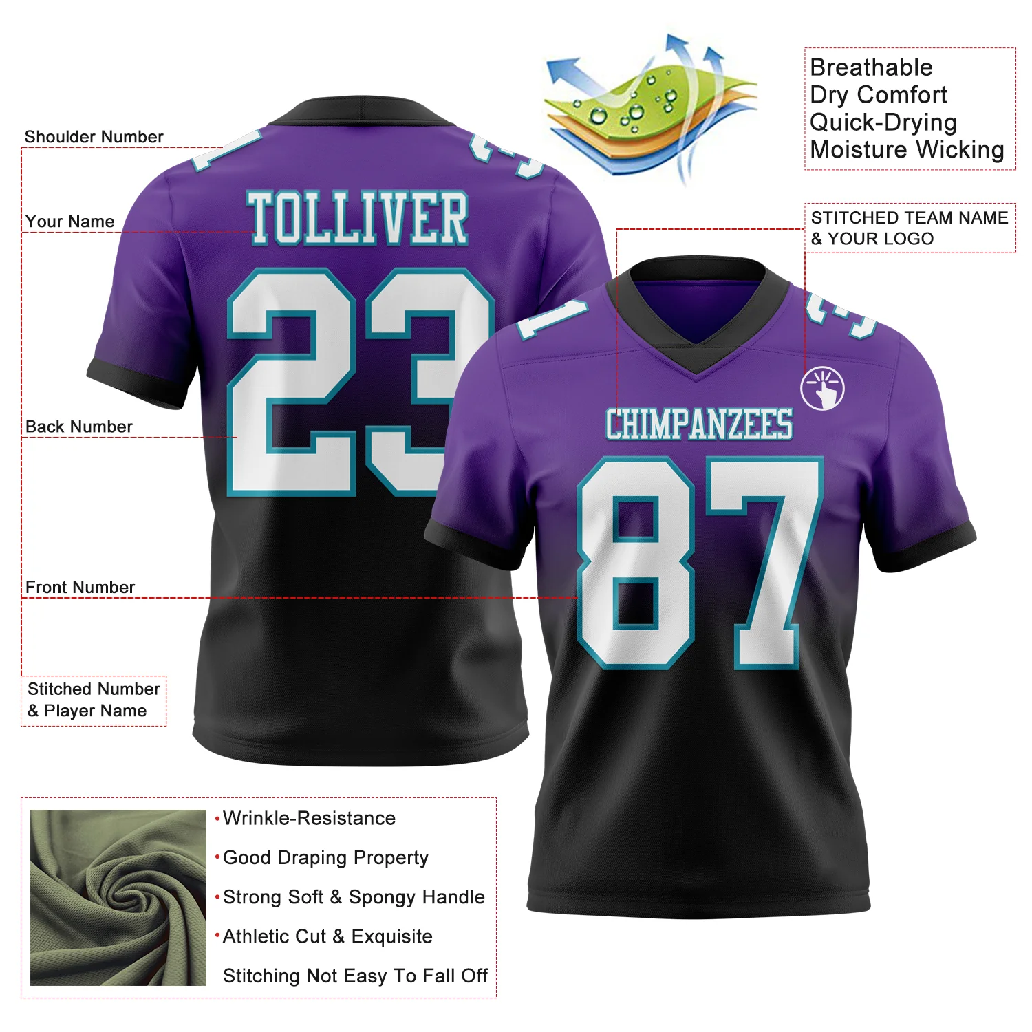 Custom Purple White Black-Teal Authentic Fade Fashion Football Jersey - Image 2