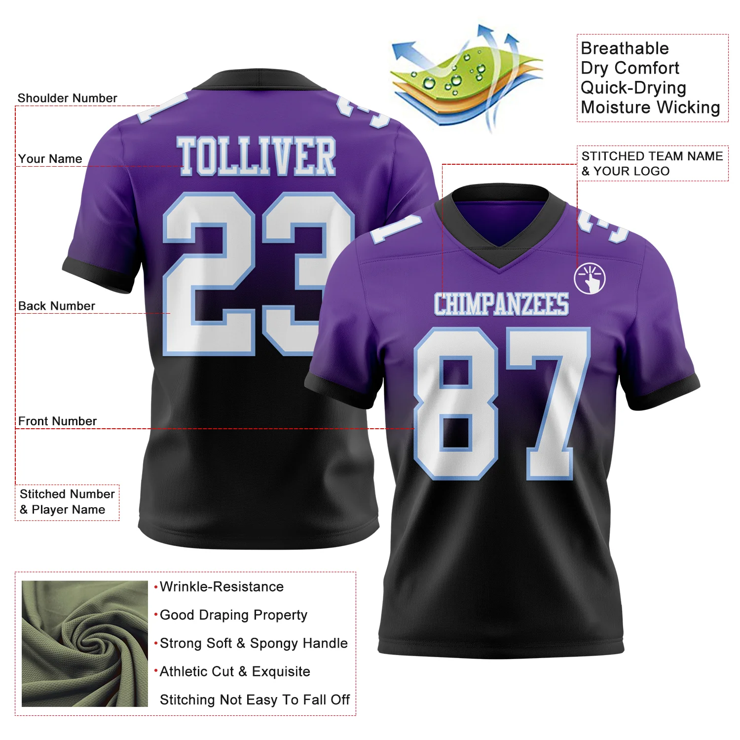 Custom Purple White Black-Light Blue Authentic Fade Fashion Football Jersey - Image 2