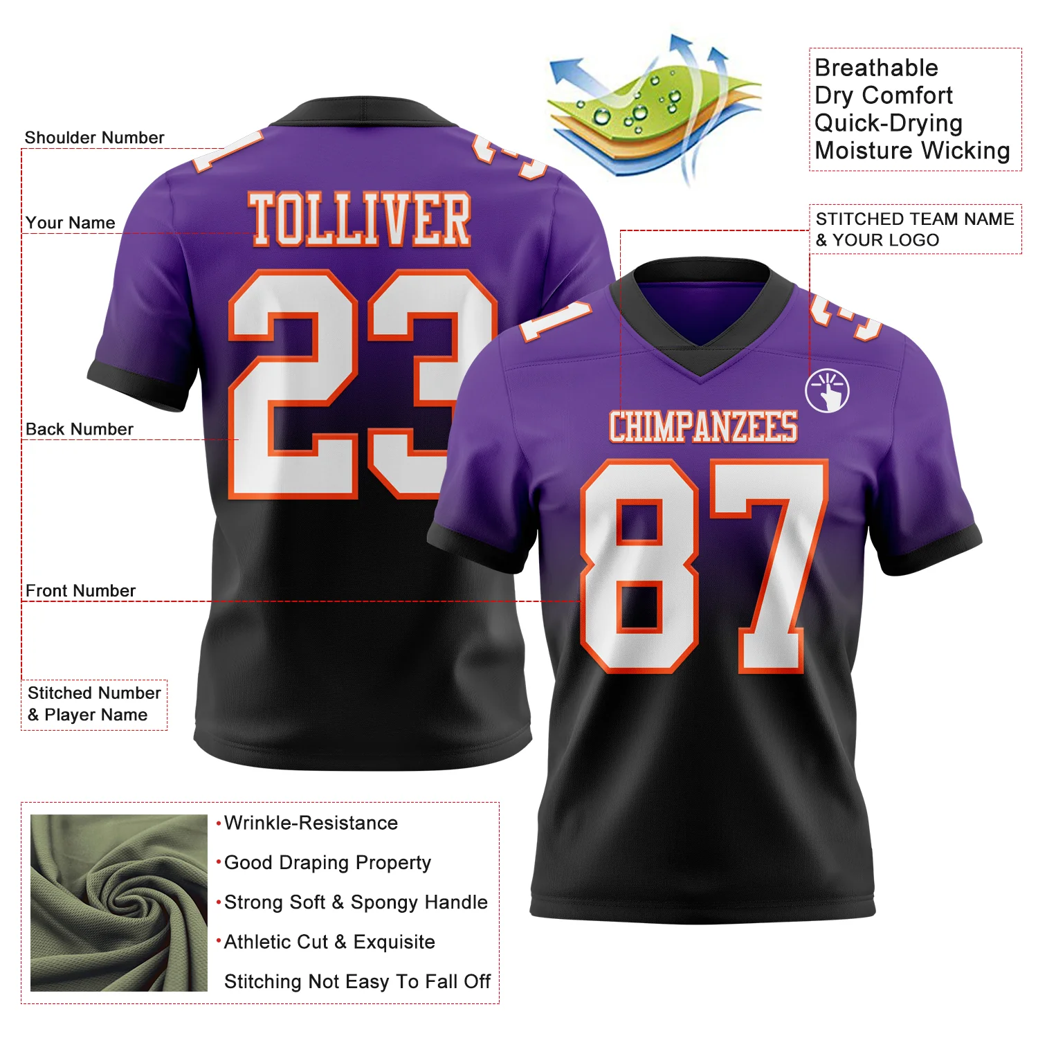 Custom Purple White Black-Orange Authentic Fade Fashion Football Jersey - Image 2