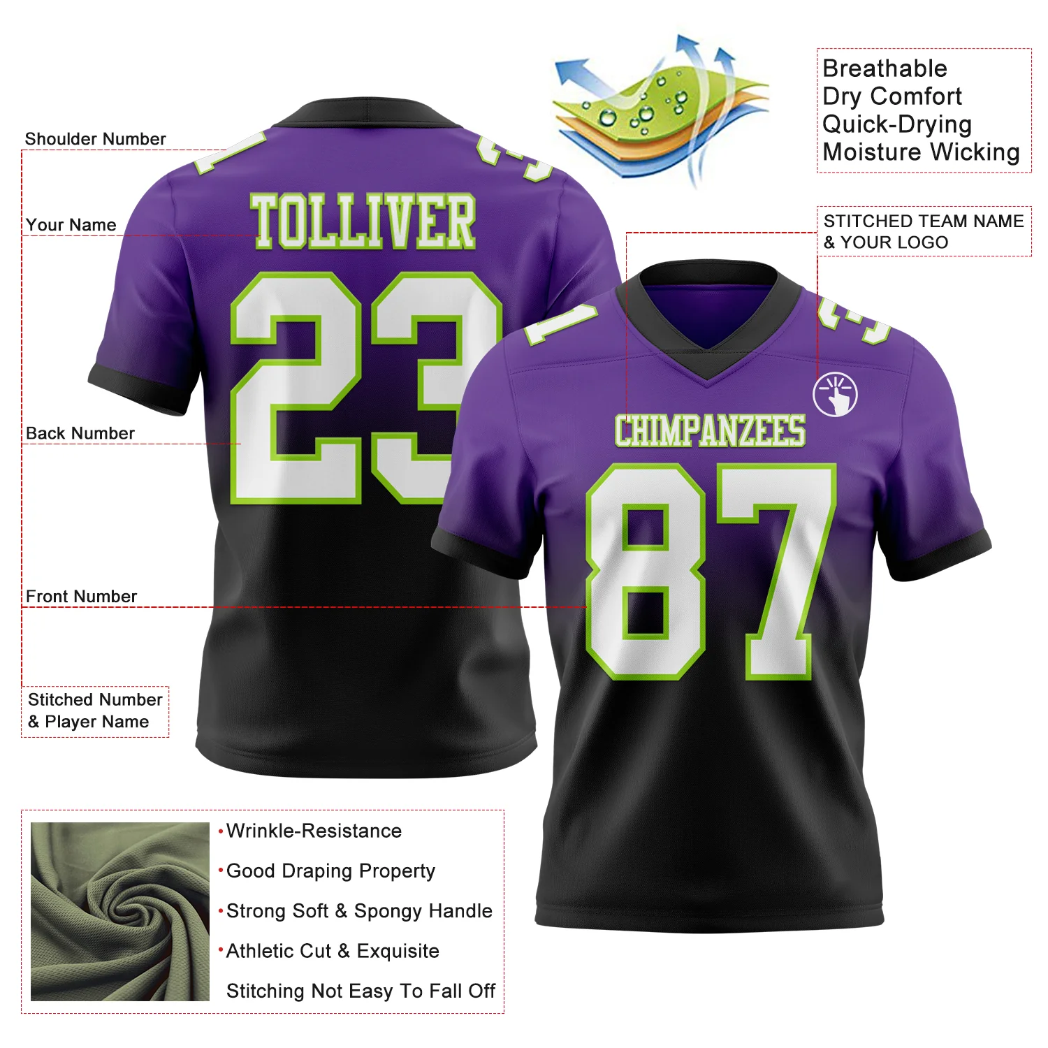 Custom Purple White Black-Neon Green Authentic Fade Fashion Football Jersey - Image 2