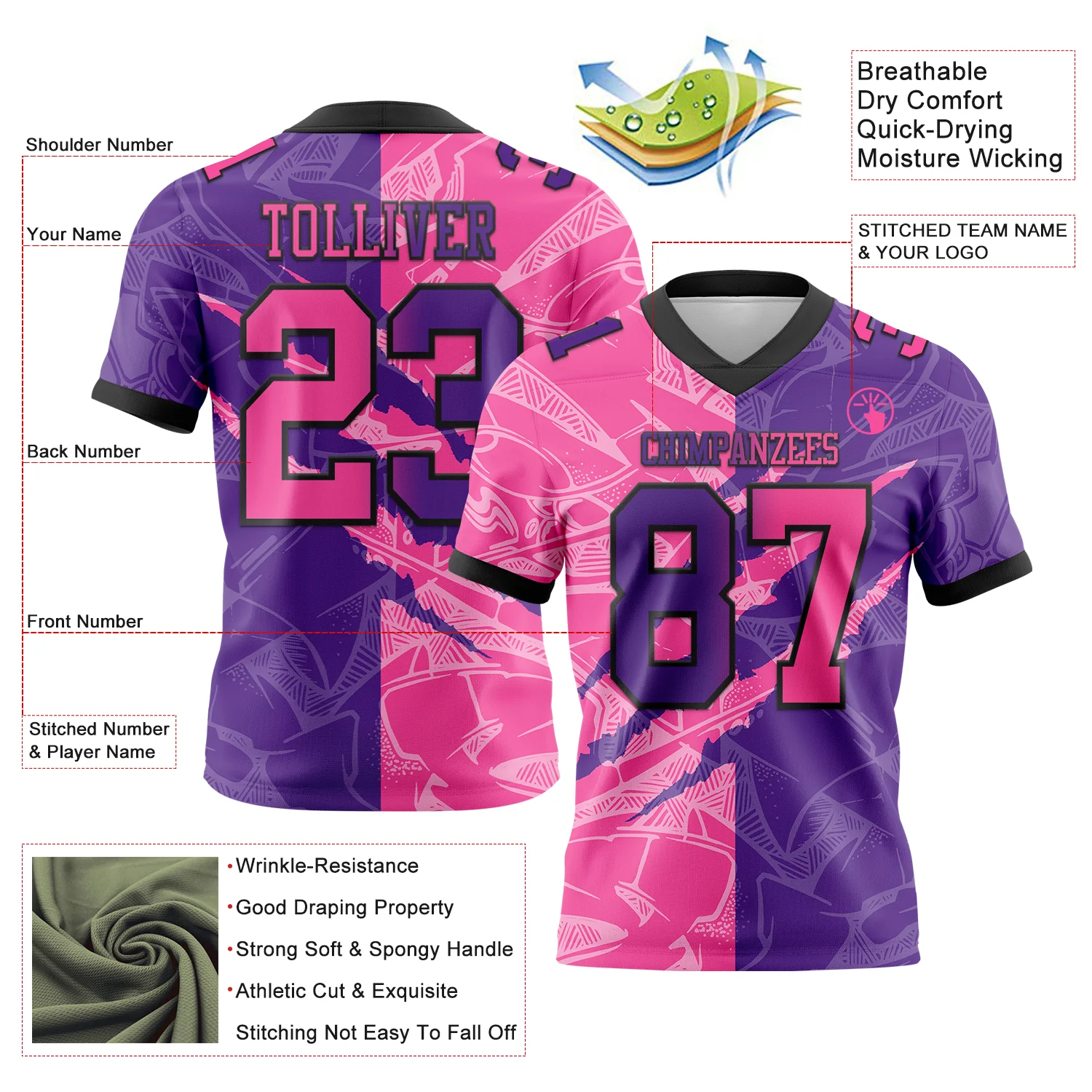 Custom Purple Pink-Black Authentic Gradient Fashion Scratch Football Jersey - Image 3