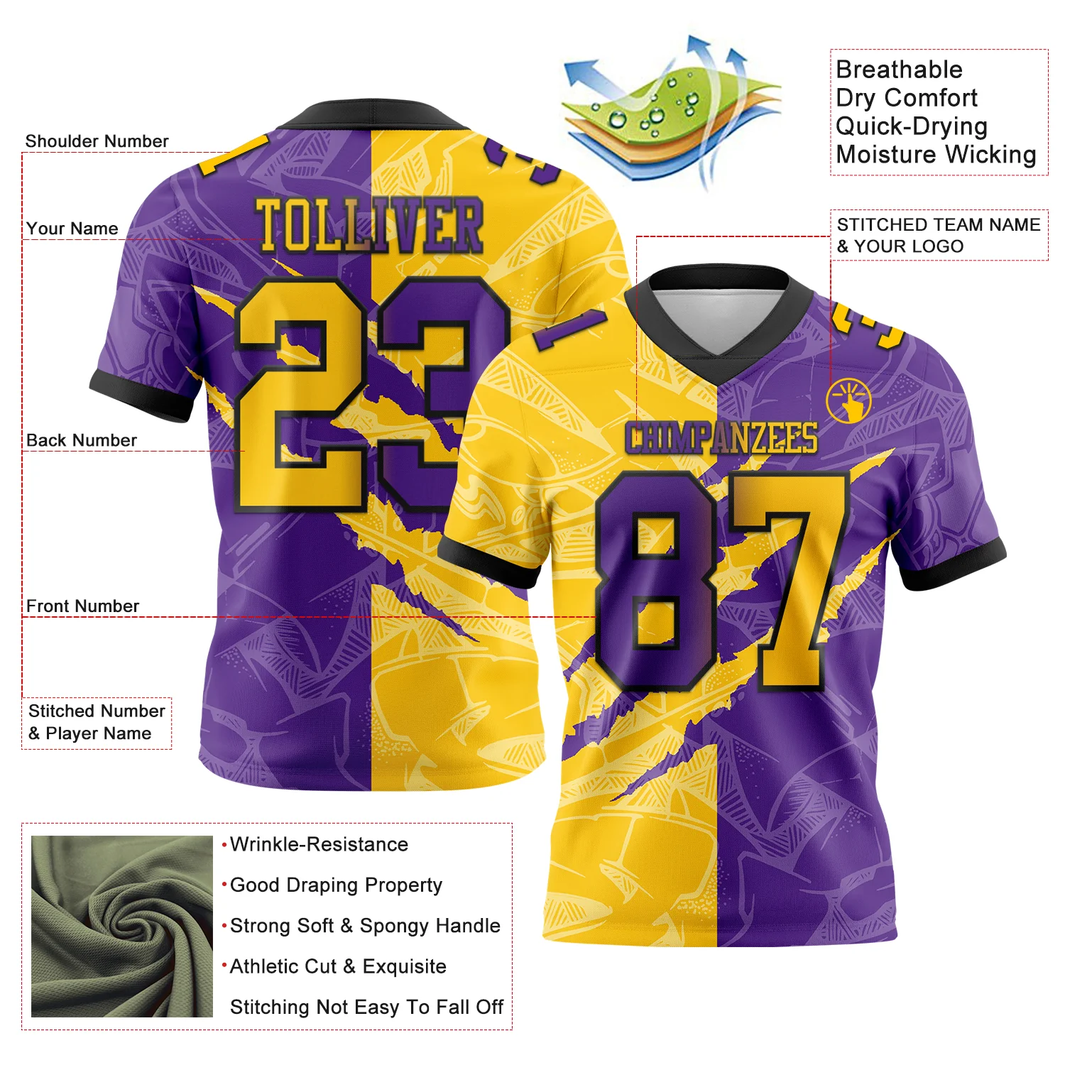 Custom Purple Yellow-Black Authentic Gradient Fashion Scratch Football Jersey - Image 3