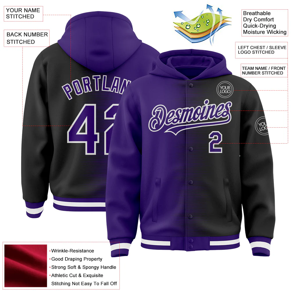 Custom Purple Black-White Gradient Line Bomber Full-Snap Varsity Letterman Hoodie Jacket - Image 4
