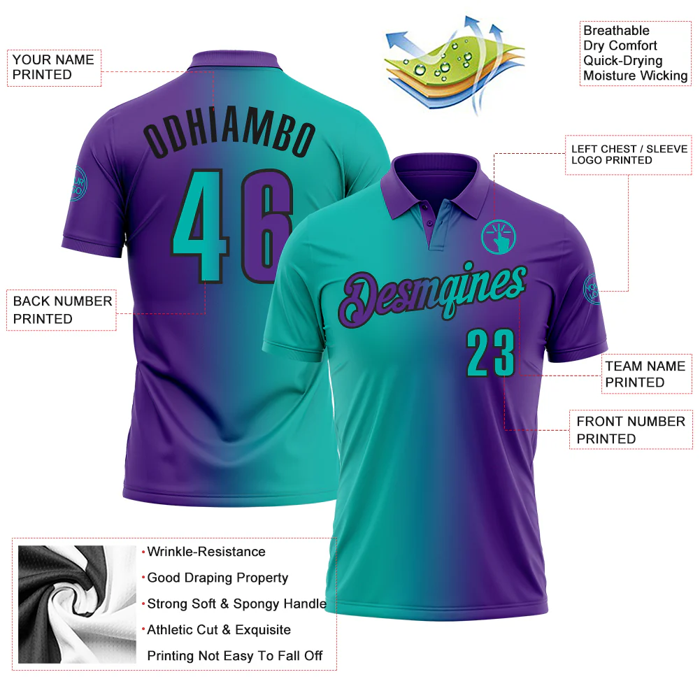 Custom Purple Aqua-Black 3D Gradient Fashion Performance Polo Shirt - Image 3