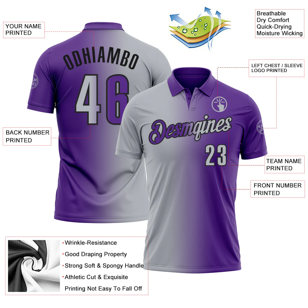 Custom Purple Gray-Black 3D Gradient Fashion Performance Polo Shirt - Image 3
