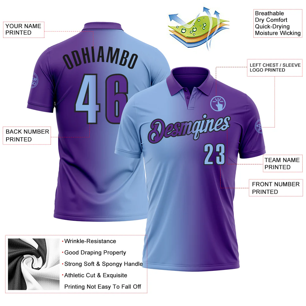 Custom Purple Light Blue-Black 3D Gradient Fashion Performance Polo Shirt - Image 3