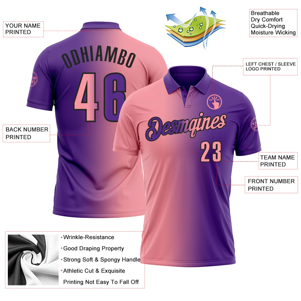 Custom Purple Medium Pink-Black 3D Gradient Fashion Performance Polo Shirt - Image 3