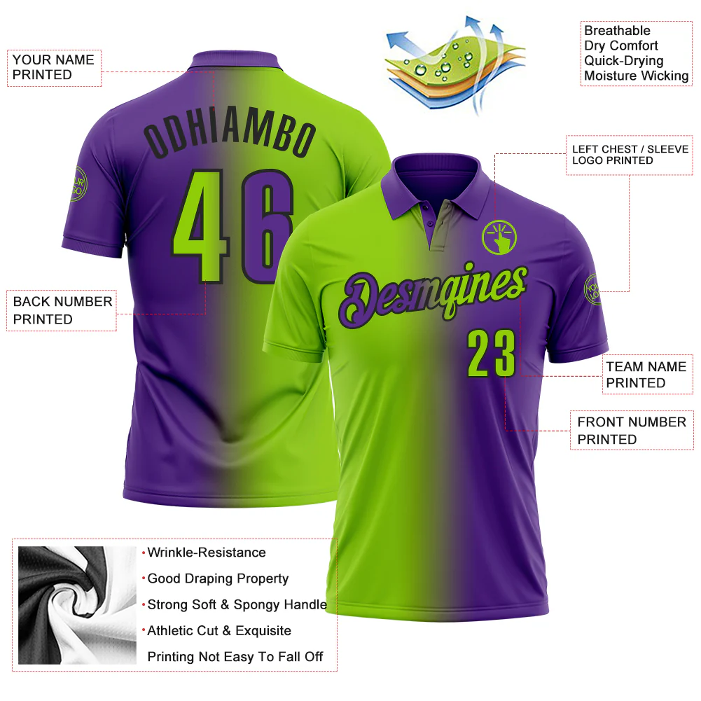 Custom Purple Neon Green-Black 3D Gradient Fashion Performance Polo Shirt - Image 3