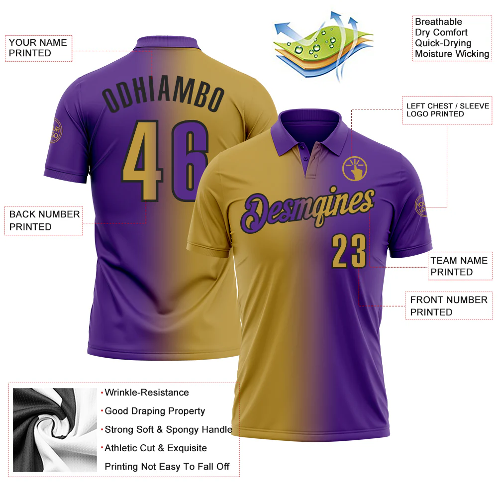 Custom Purple Old Gold-Black 3D Gradient Fashion Performance Polo Shirt - Image 3