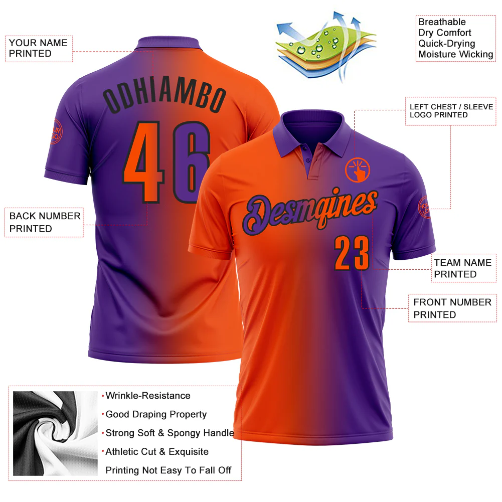 Custom Purple Orange-Black 3D Gradient Fashion Performance Polo Shirt - Image 3