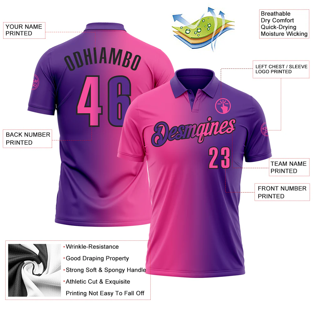 Custom Purple Pink-Black 3D Gradient Fashion Performance Polo Shirt - Image 3