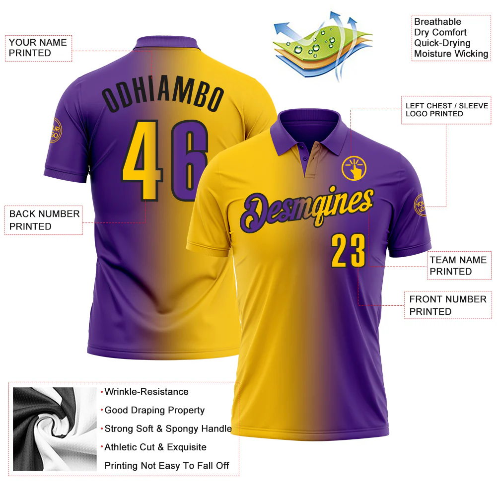 Custom Purple Yellow-Black 3D Gradient Fashion Performance Polo Shirt - Image 3