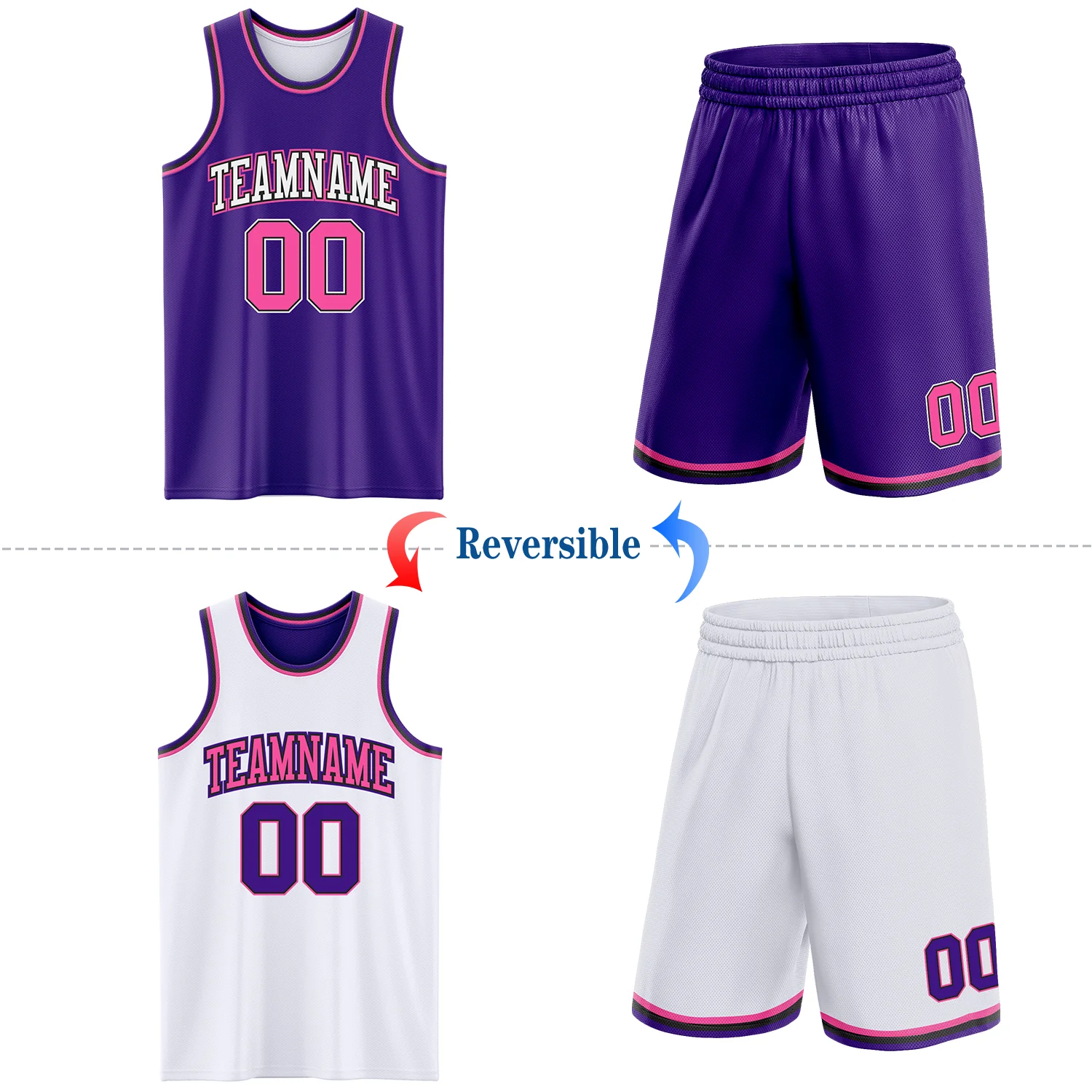 Custom Purple Pink Black-White Reversible Double Side Sublimation Basketball Suit Jersey - Image 2