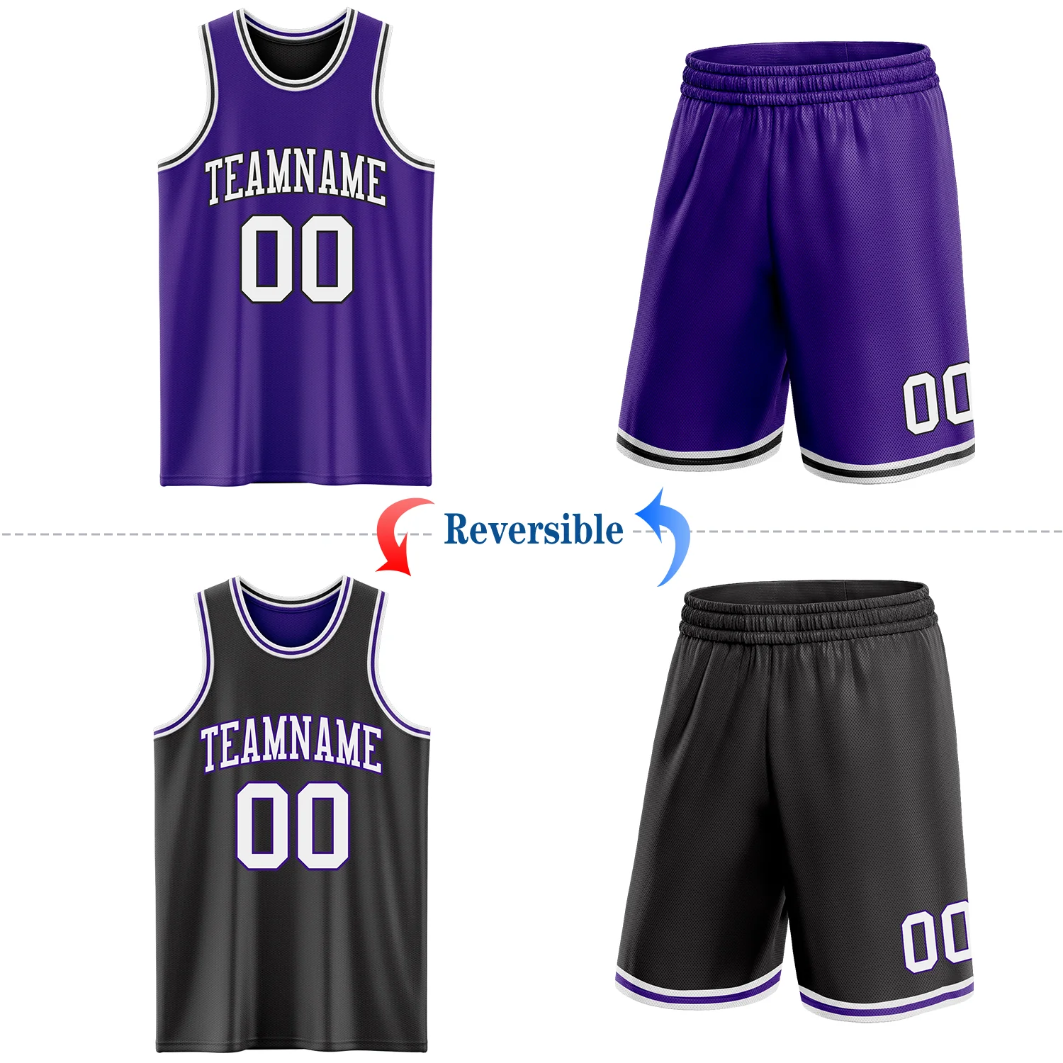 Custom Purple White-Black Reversible Double Side Sublimation Basketball Suit Jersey - Image 2