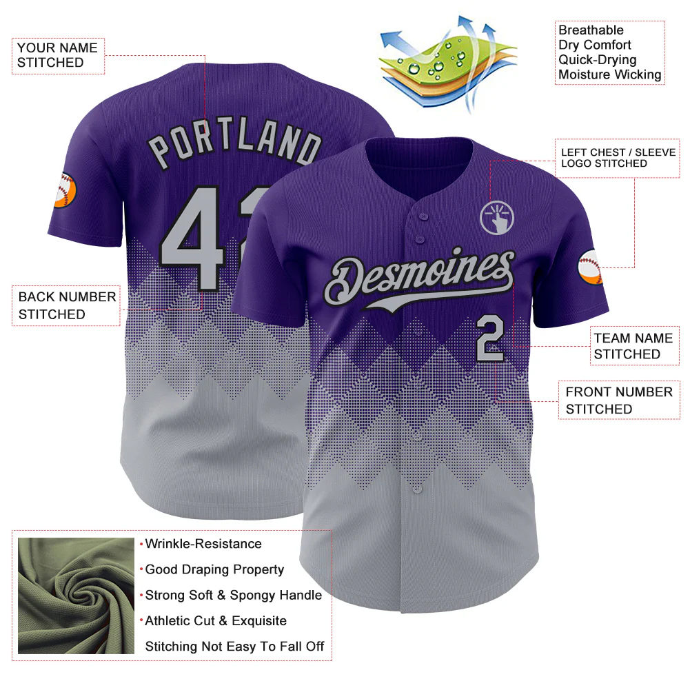 Custom Purple Gray-Black 3D Gradient Square Shape Authentic Baseball Jersey - Image 3