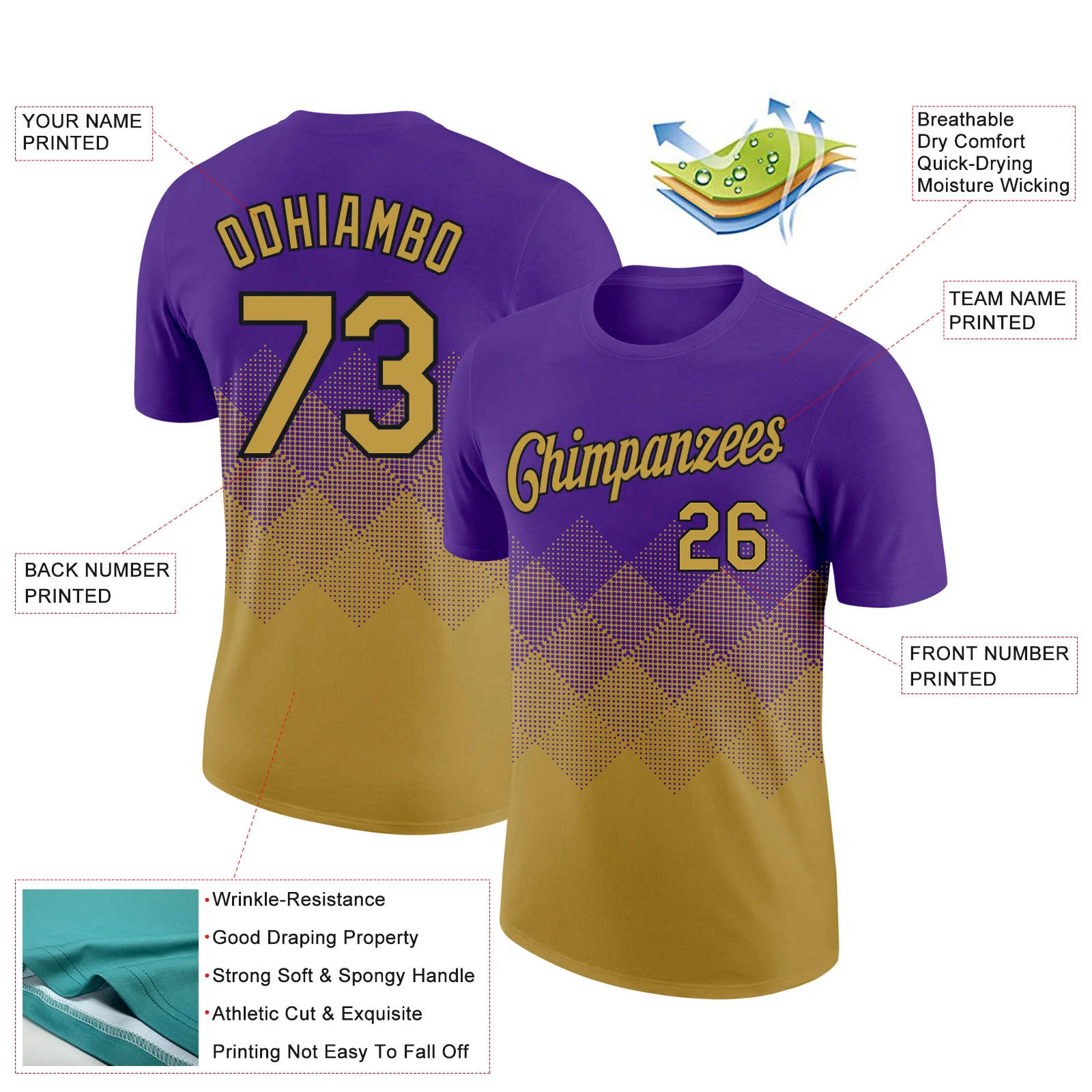 Custom Purple Old Gold-Black 3D Pattern Design Gradient Square Shapes Performance T-Shirt - Image 2