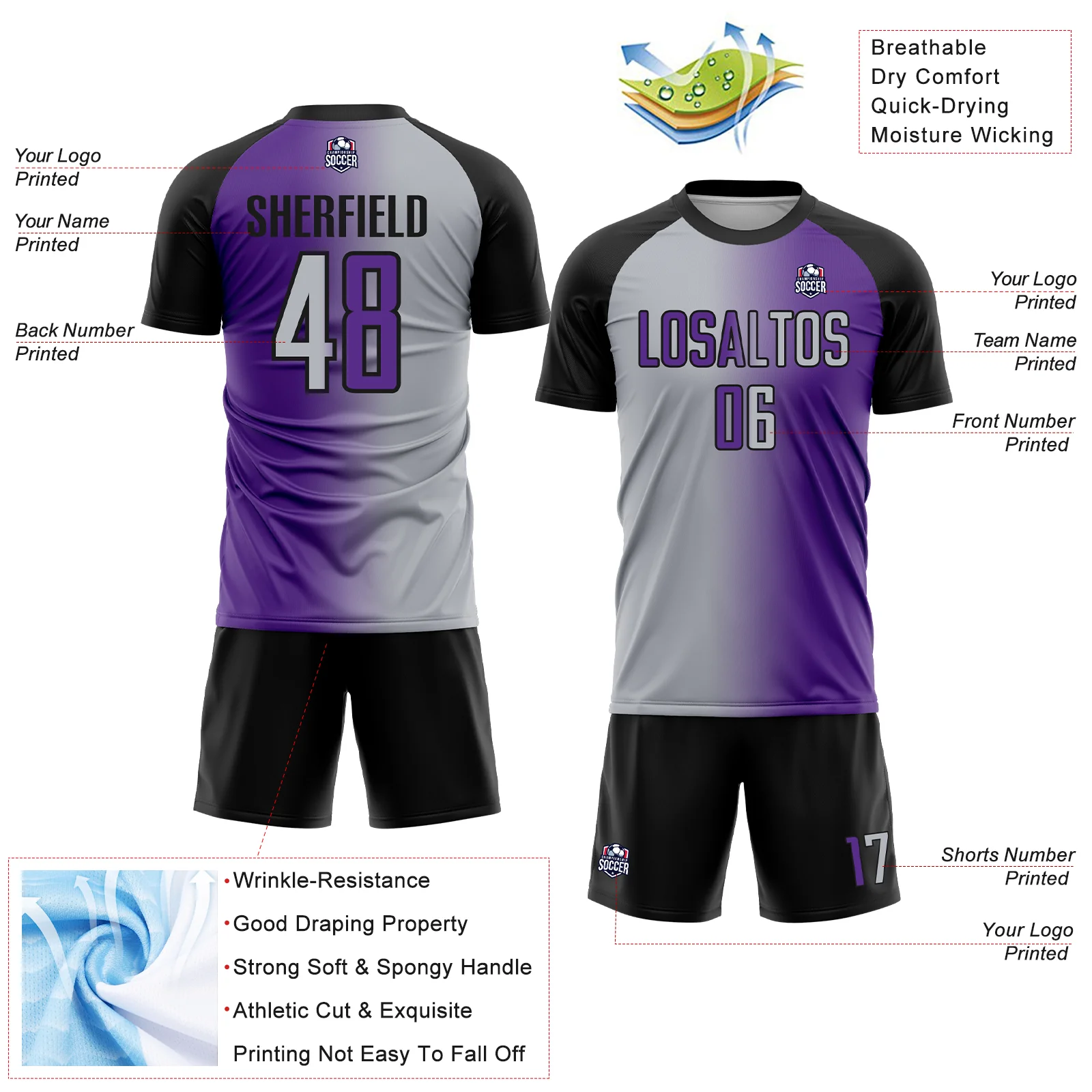 Custom Purple Gray-Black Sublimation Gradient Fashion Soccer Uniform Jersey - Image 4