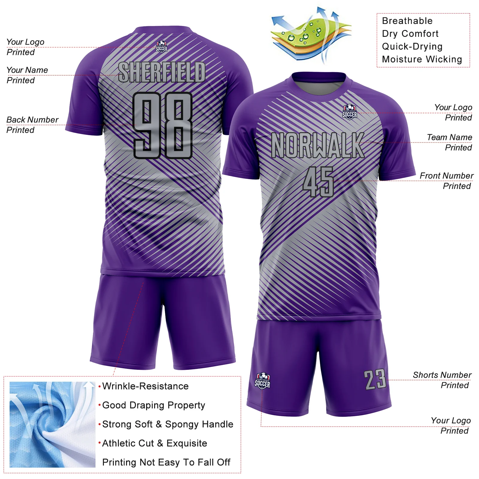 Custom Purple Gray-Black Line Sublimation Soccer Uniform Jersey - Image 4