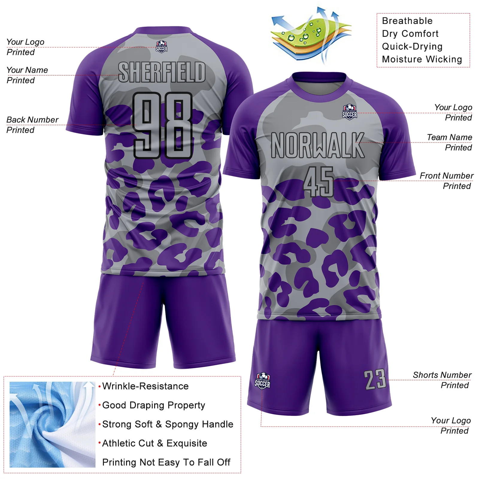 Custom Purple Gray-Black Animal Leopard Print Sports Sublimation Soccer Uniform Jersey - Image 4