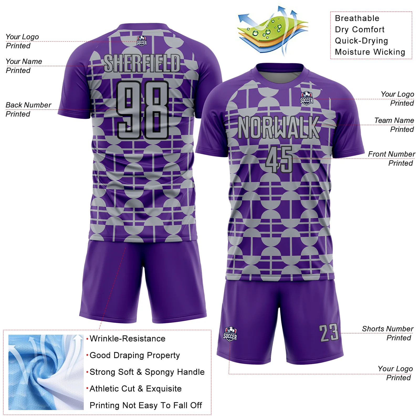 Custom Purple Gray-Black Geometric Shapes Sports Sublimation Soccer Uniform Jersey - Image 4