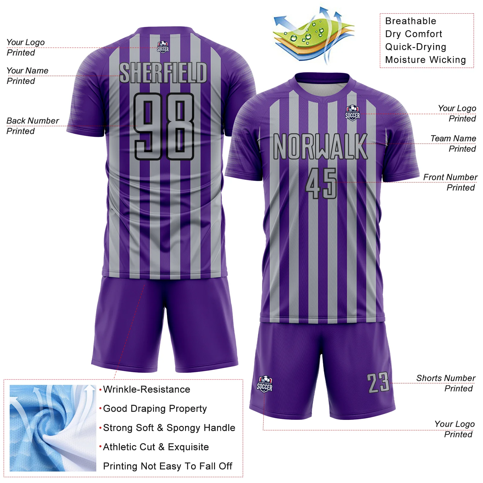 Custom Purple Gray-Black Stripe Sports Sublimation Soccer Uniform Jersey - Image 4