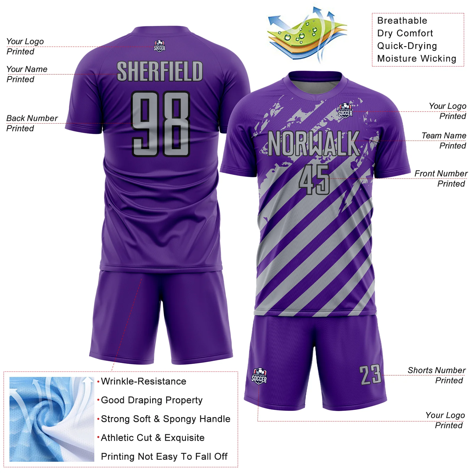 Custom Purple Gray-Black Distressed Diagonal Stripe Pattern Sports Sublimation Soccer Uniform Jersey - Image 4