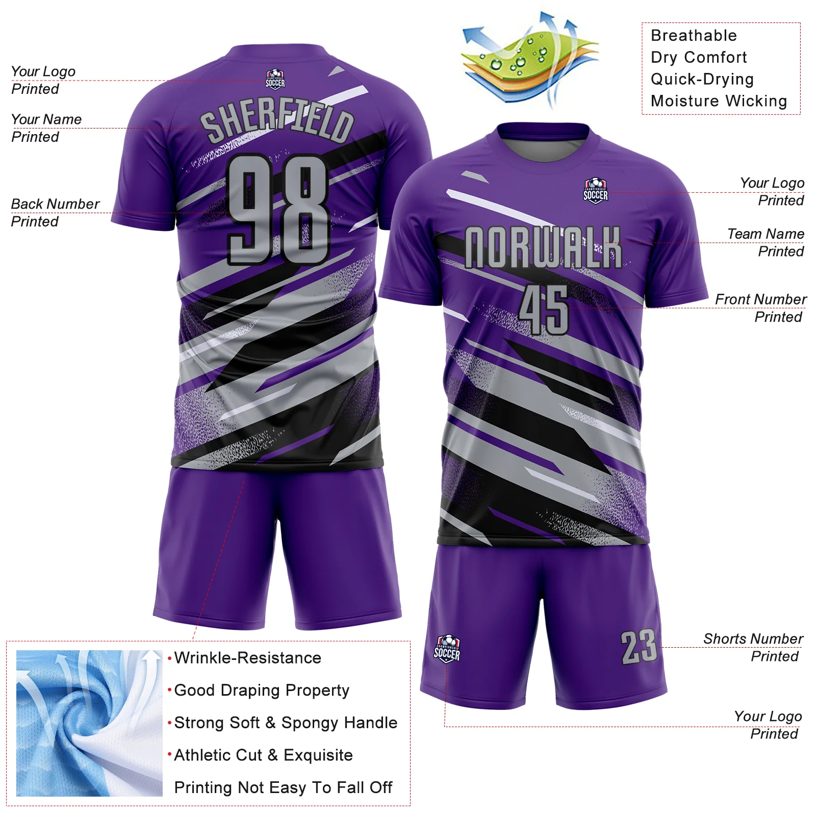 Custom Purple Gray Black-White Grunge Stripe And Grainy Sports Sublimation Soccer Uniform Jersey - Image 4