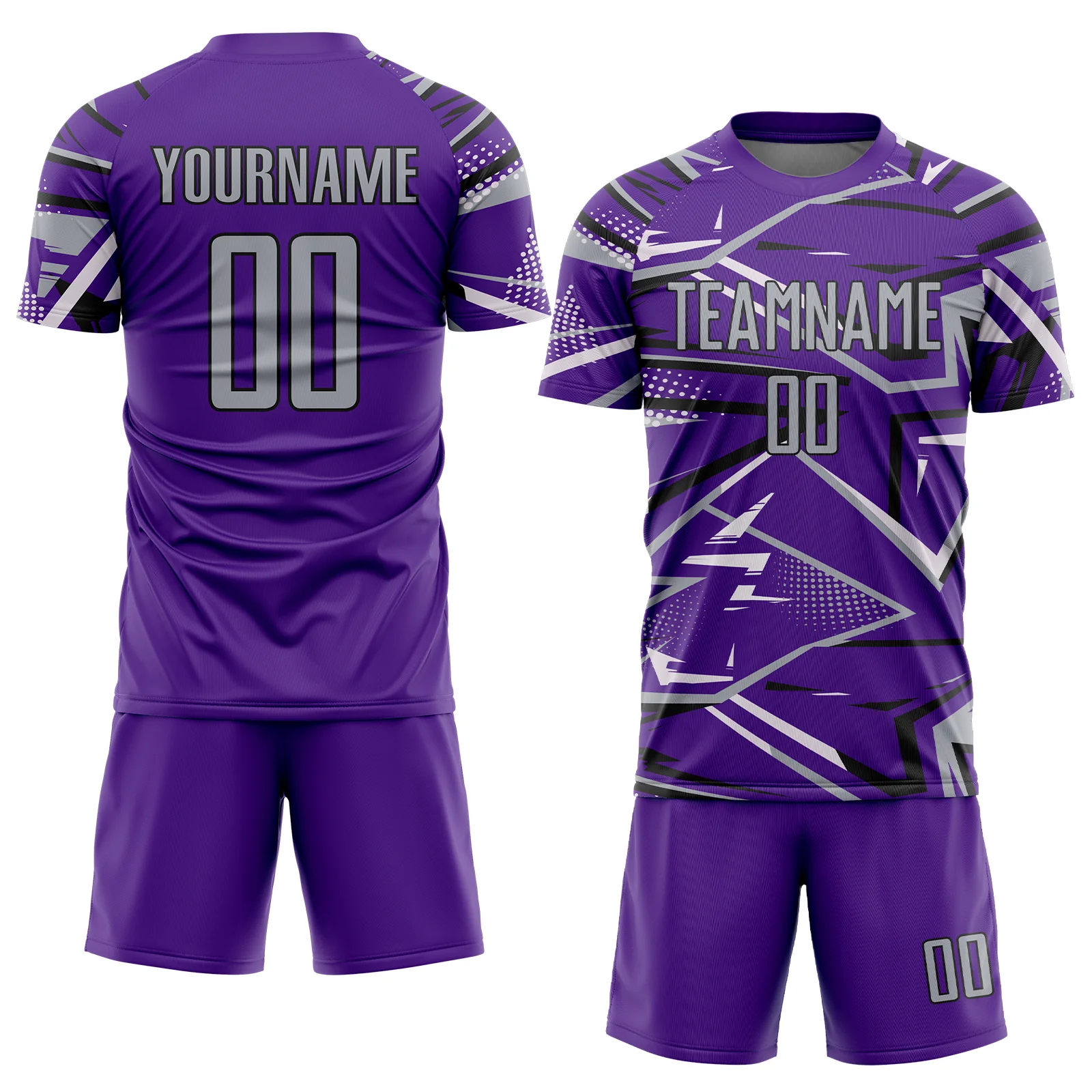 Custom Purple Gray Black-White Abstract Geometric Stripes Sports Sublimation Soccer Uniform Jersey - Image 2