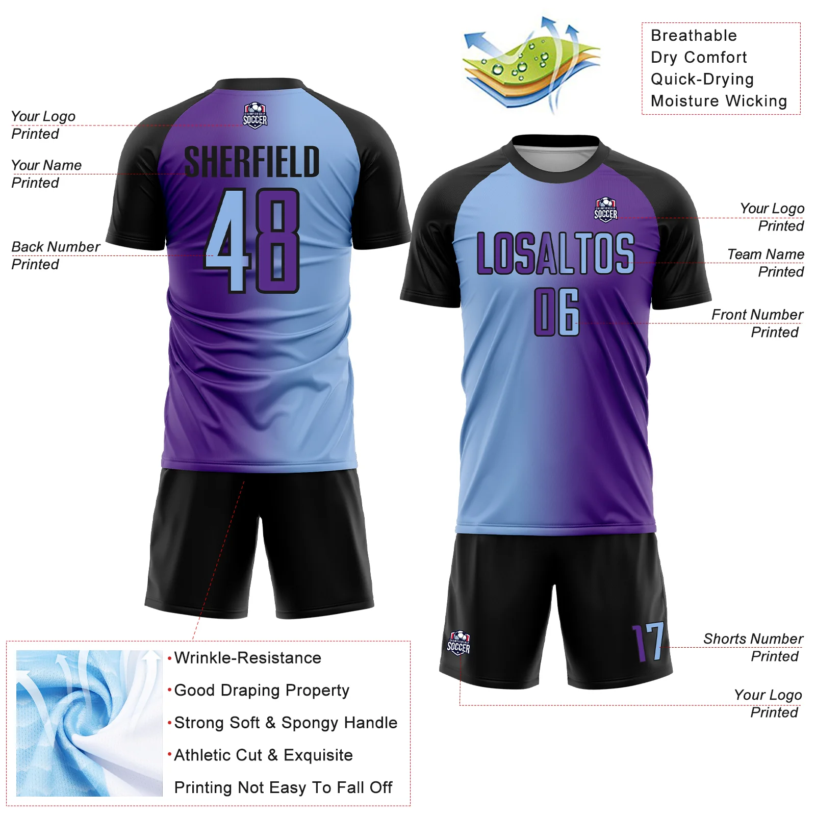 Custom Purple Light Blue-Black Sublimation Gradient Fashion Soccer Uniform Jersey - Image 4