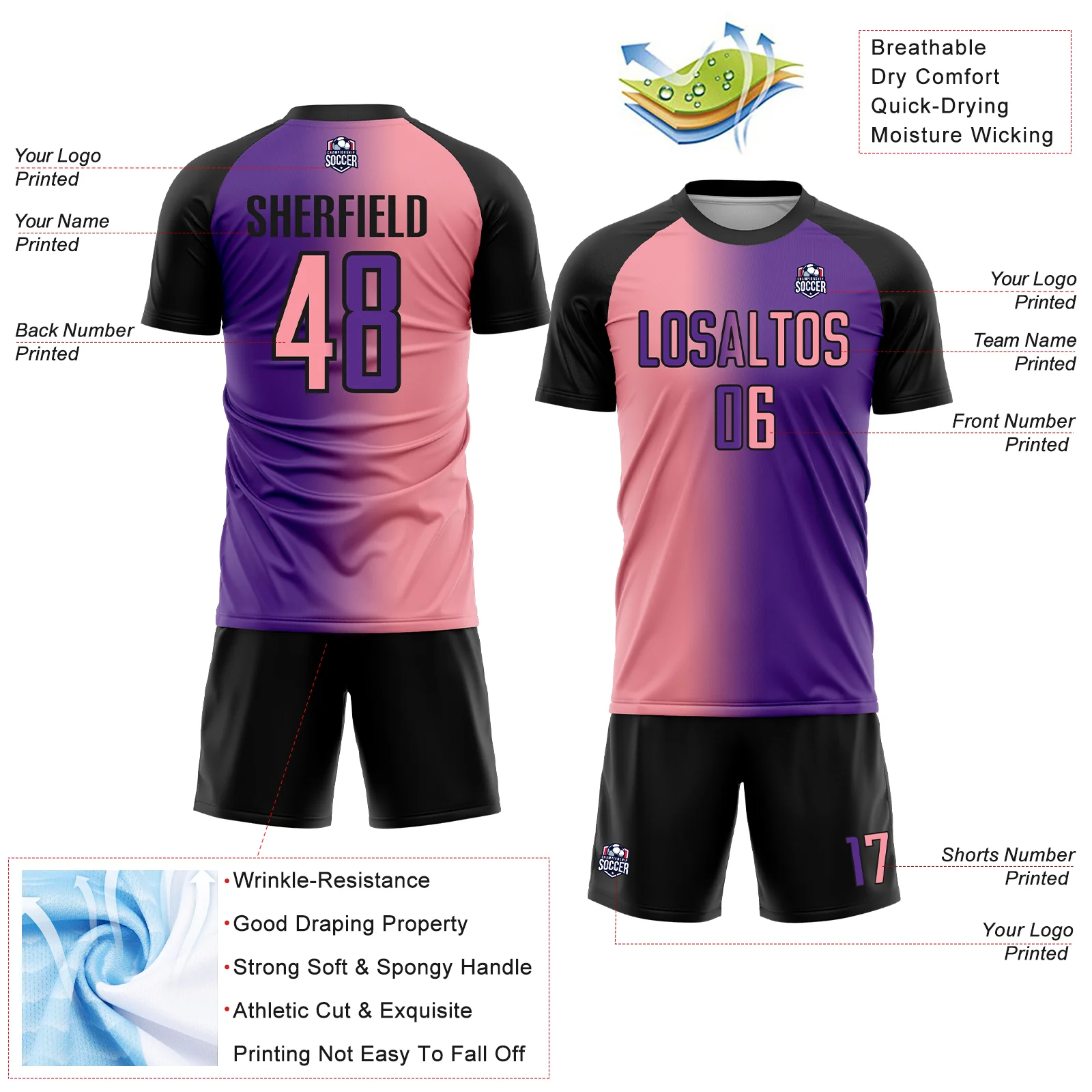 Custom Purple Medium Pink-Black Sublimation Gradient Fashion Soccer Uniform Jersey - Image 4