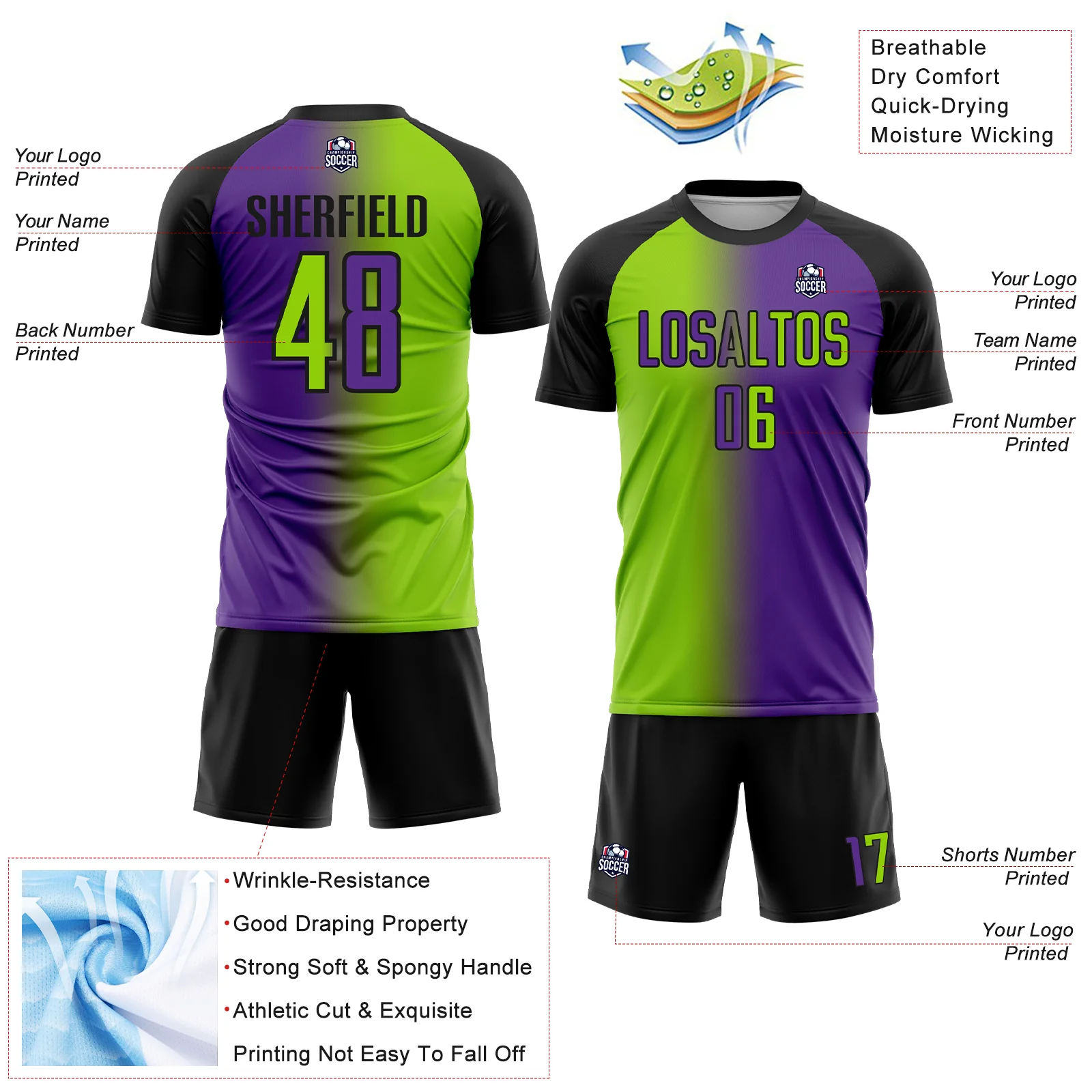 Custom Purple Neon Green-Black Sublimation Gradient Fashion Soccer Uniform Jersey - Image 4