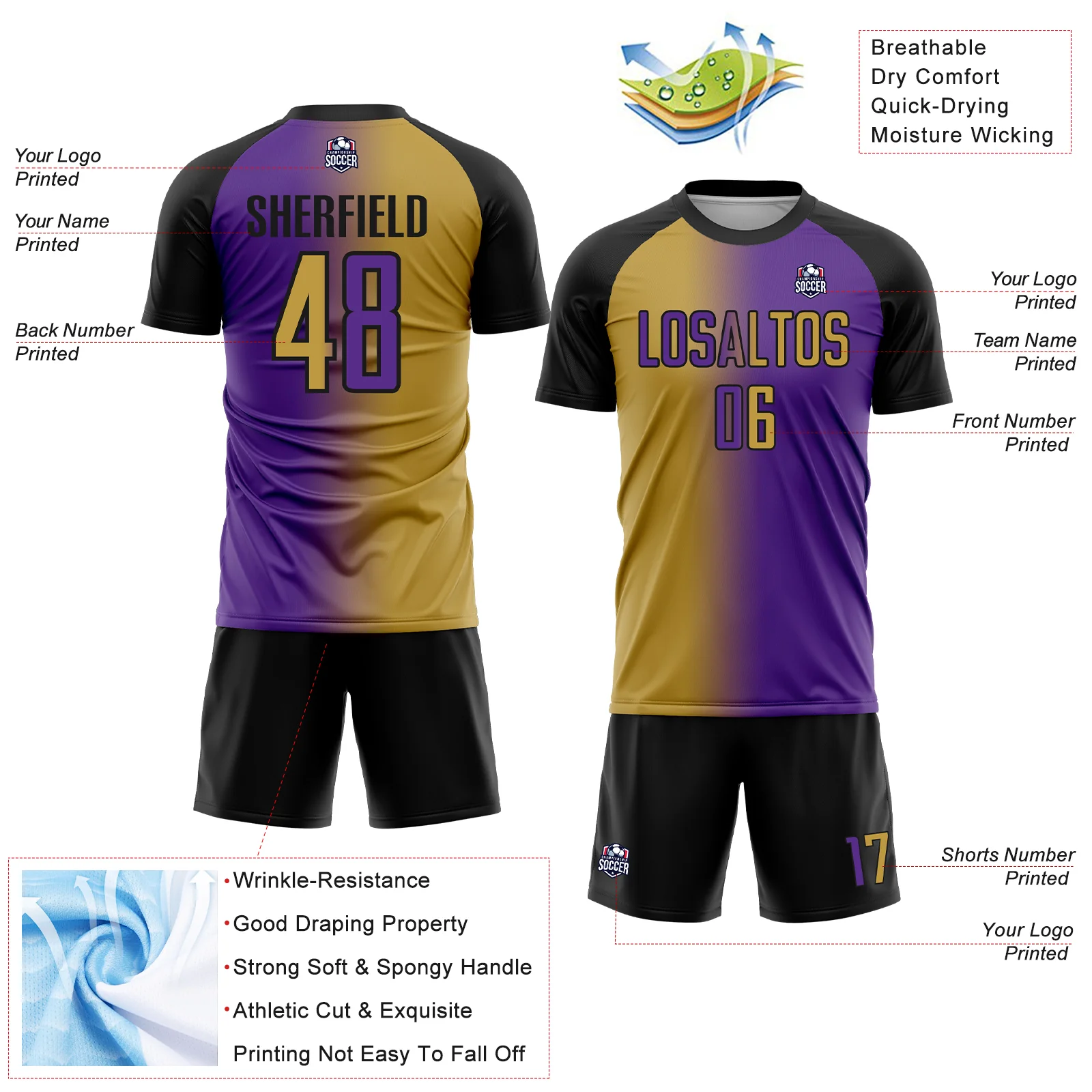 Custom Purple Old Gold-Black Sublimation Gradient Fashion Soccer Uniform Jersey - Image 4