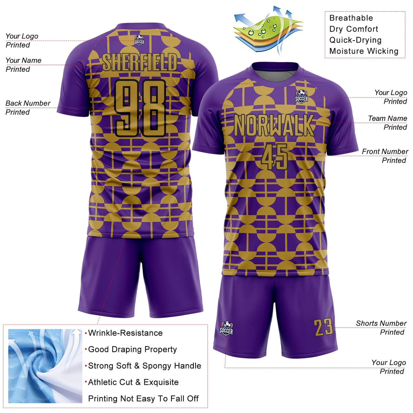 Custom Purple Old Gold-Black Geometric Shapes Sports Sublimation Soccer Uniform Jersey - Image 4