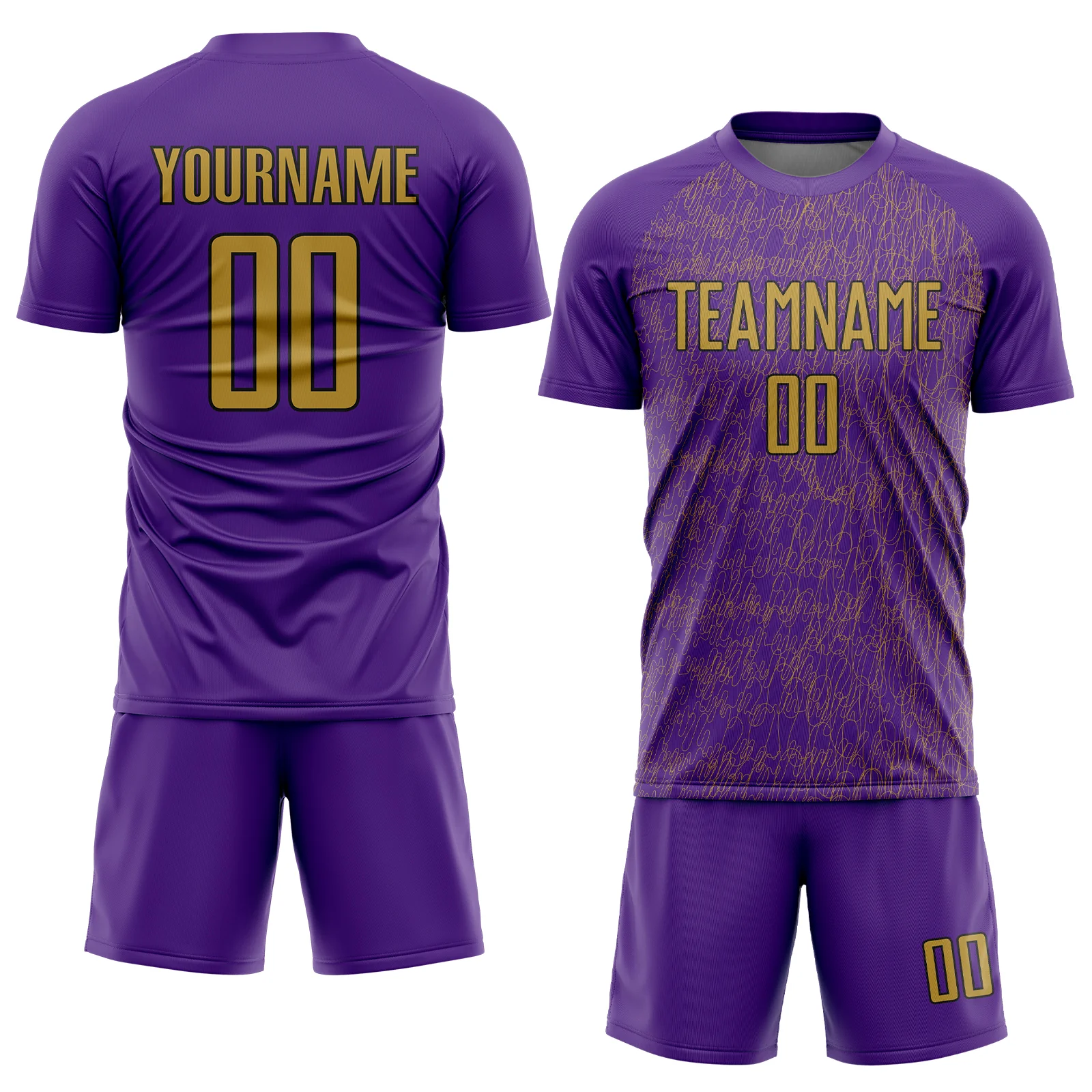 Custom Purple Old Gold-Black Abstract Scribble Curve Line Pattern Sports Sublimation Soccer Uniform Jersey - Image 2