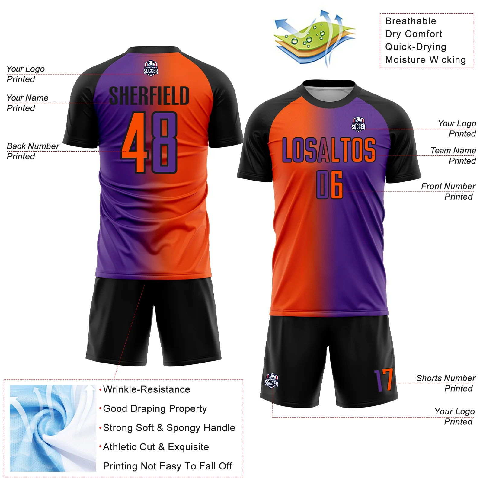 Custom Purple Orange-Black Sublimation Gradient Fashion Soccer Uniform Jersey - Image 4