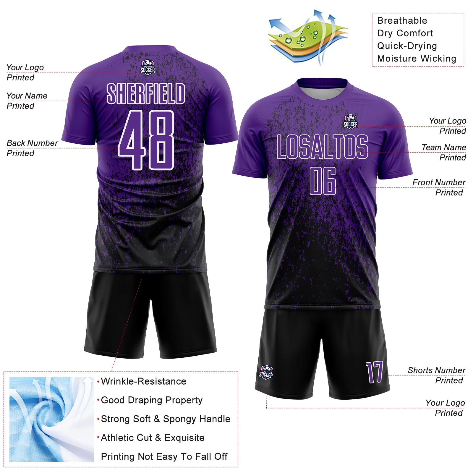 Custom Purple Black-White Abstract Fragment Art Sublimation Soccer Uniform Jersey - Image 4
