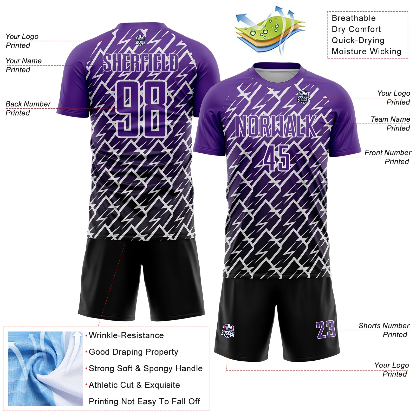 Custom Purple Black-White Lightning Sports Sublimation Soccer Uniform Jersey - Image 4