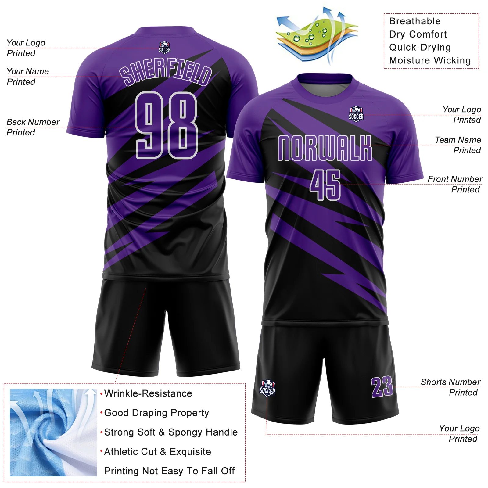 Custom Purple Black-White Abstract Line Sports Sublimation Soccer Uniform Jersey - Image 4